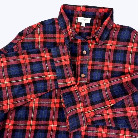 Umgee‎ Plaid Button Front Top Red and Blue Fringe Botton Excellent Condition - Picture 1 of 7